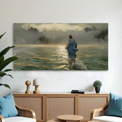 Walking on Water Faith Wall Art VI canvas by Tailored Canvases; blue-robed figure on misty lake on Tampa Home & Garden Store