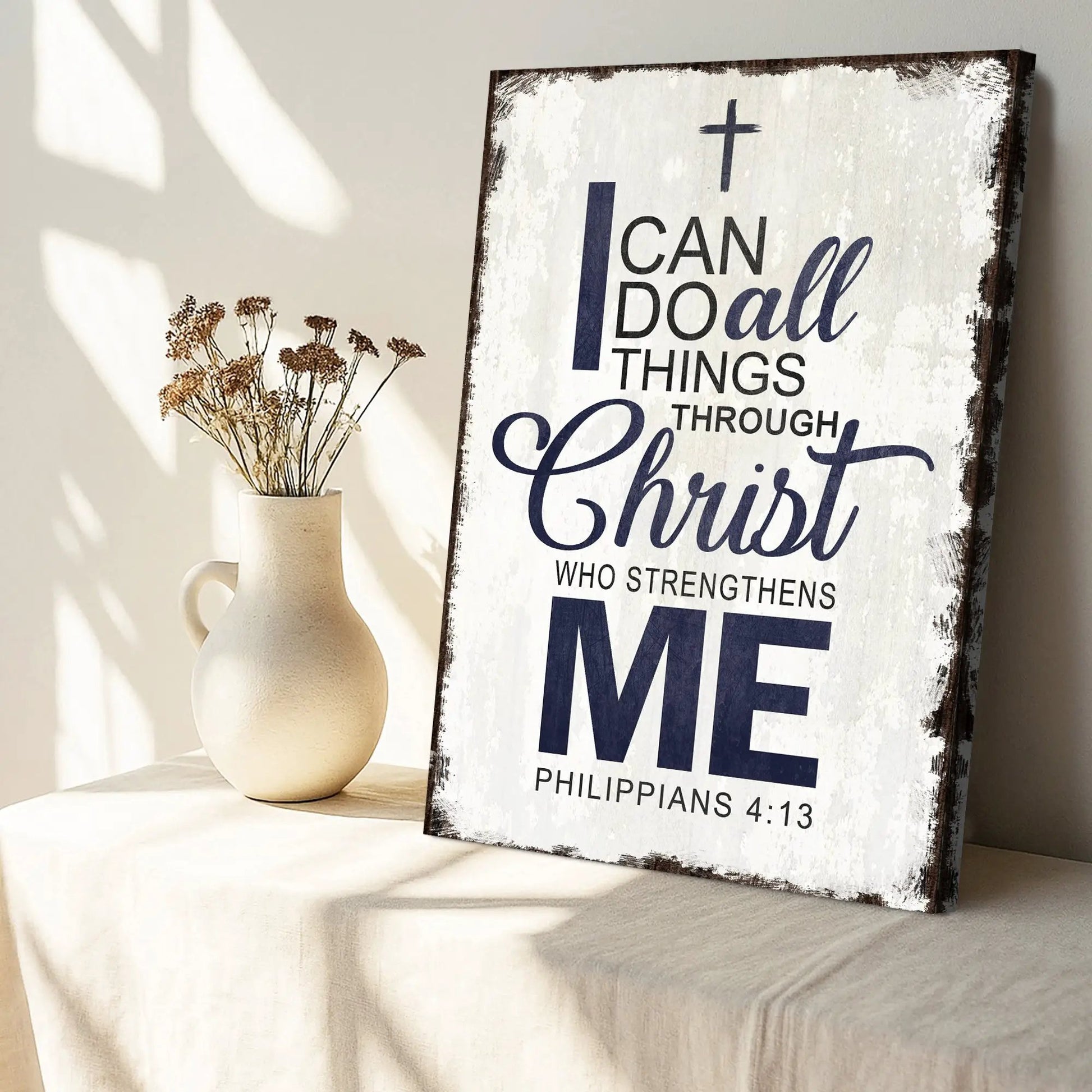 Canvas faith sign with distressed white background and navy text I Can Do All Things Through Christ on Tampa Home & Garden Store