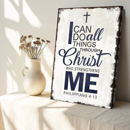 Canvas faith sign with distressed white background and navy text I Can Do All Things Through Christ on Tampa Home & Garden Store