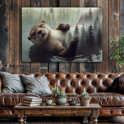 Otter Double Exposure Canvas by Tailored Canvases with forest silhouettes over an otter on water on Tampa Home & Garden Store
