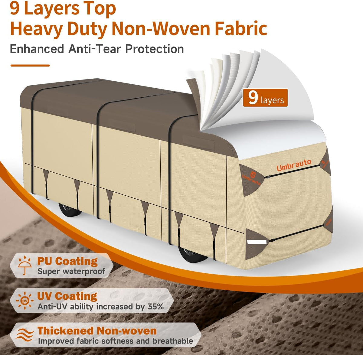 Umbrauto Class A RV cover khaki, 9-layer top, heavy-duty non-woven, windproof for motorhomes on Tampa Home & Garden Store