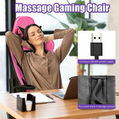 Silla Gaming de Cuero Sintético con Cojín Lumbar de Masaje USB y Reposapiés - Rosa