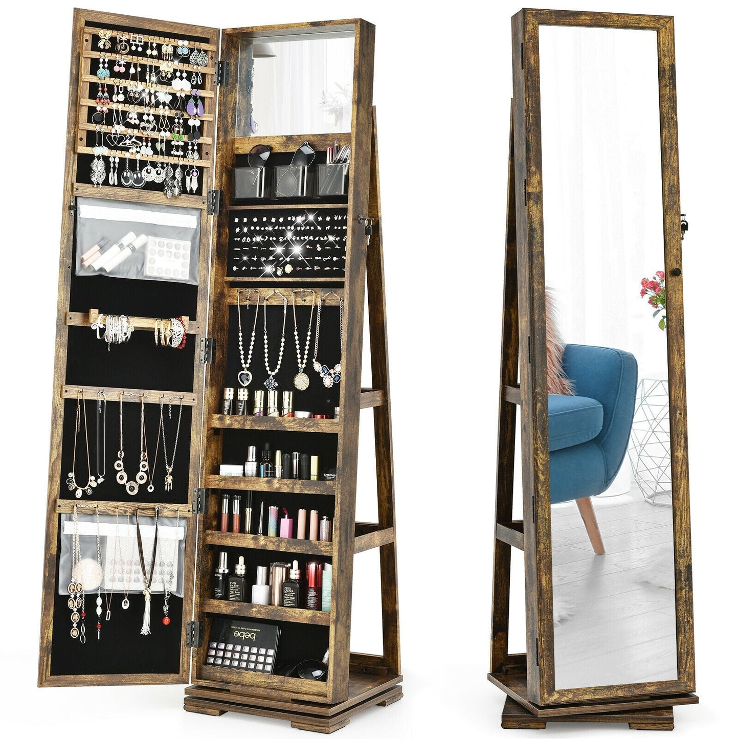 360° Rotatable 2-in-1 Lockable Jewelry Cabinet with Full-Length Mirror-Brown