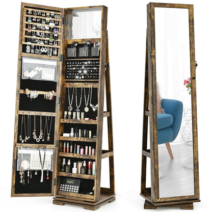 360° Rotatable 2-in-1 Lockable Jewelry Cabinet with Full-Length Mirror-Brown