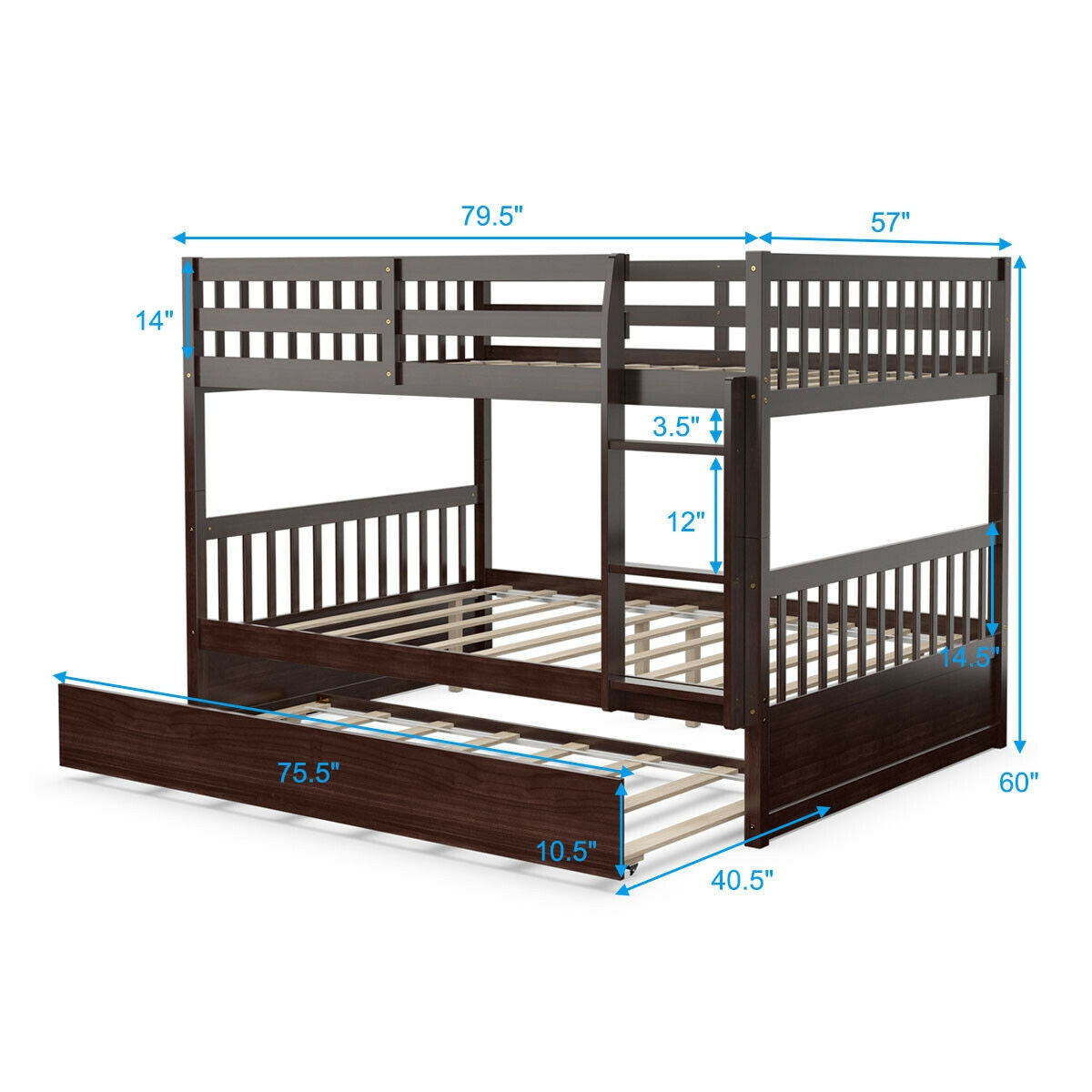 Cama litera matrimonial sobre matrimonial de plataforma de madera con escalera - Marrón