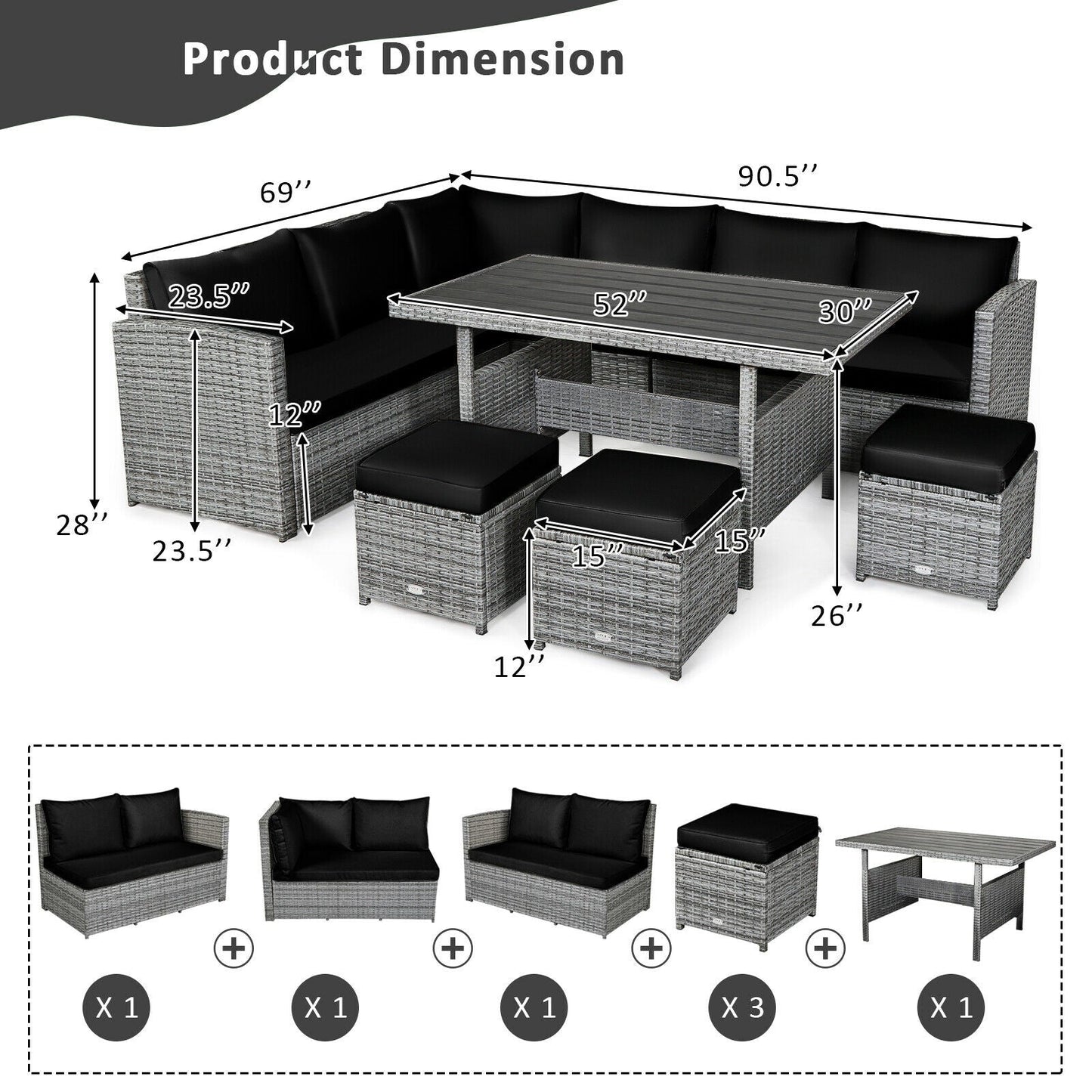 Juego de muebles seccionales de ratán para patio de 7 piezas con otomana de mimbre, color negro