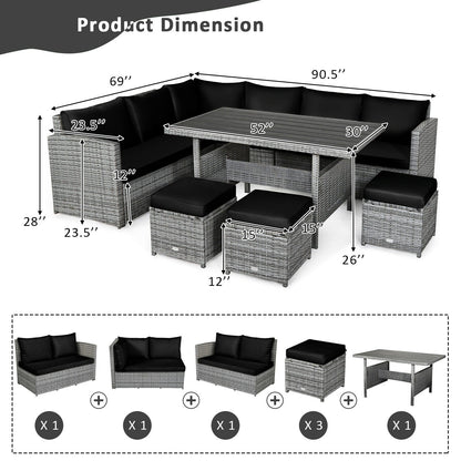 Juego de muebles seccionales de ratán para patio de 7 piezas con otomana de mimbre, color negro