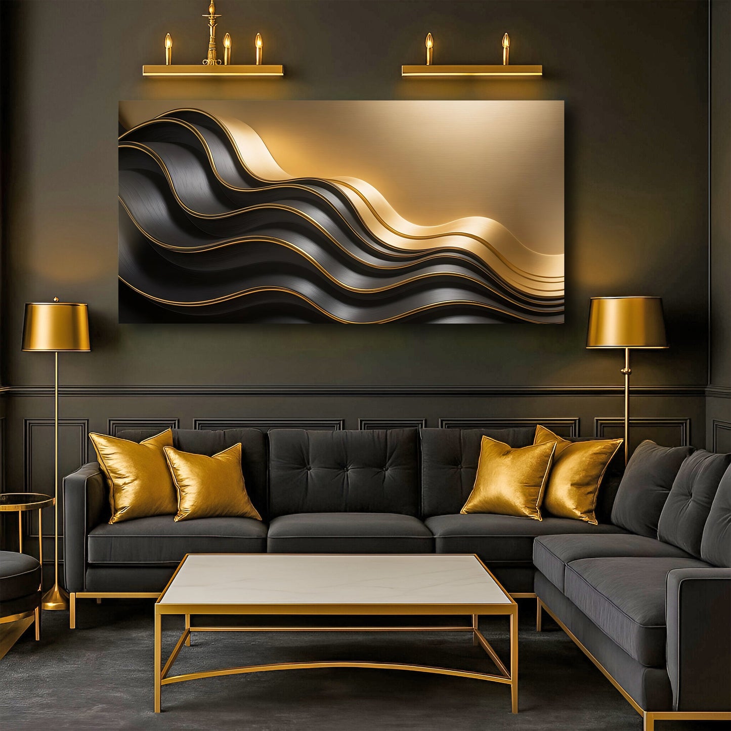 Black and Gold Minimalist Abstract Wall Art IV canvas with flowing gold and black waves on Tampa Home & Garden Store