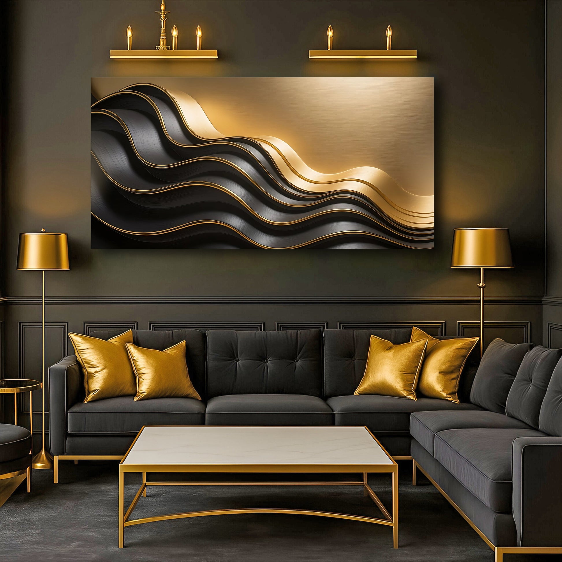 Black and Gold Minimalist Abstract Wall Art IV canvas with flowing gold and black waves on Tampa Home & Garden Store