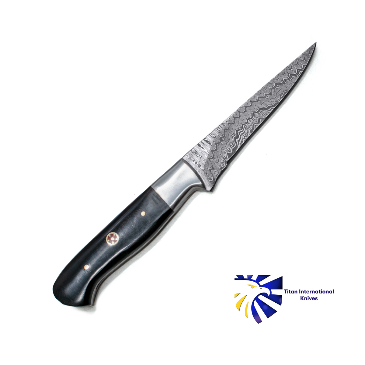Damascus Steel Steak Knife TK-020 with dyed bone grip and Titan International Knives logo on Tampa Home & Garden Store