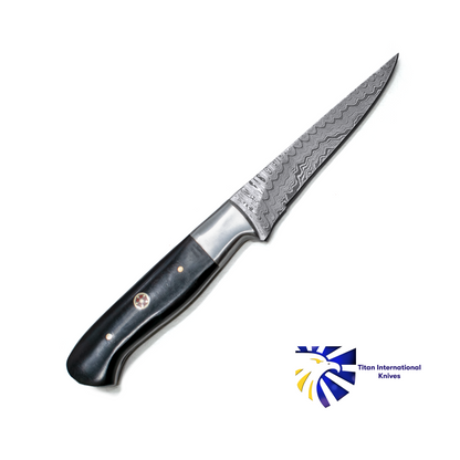 Damascus Steel Steak Knife TK-020 with dyed bone grip and Titan International Knives logo on Tampa Home & Garden Store
