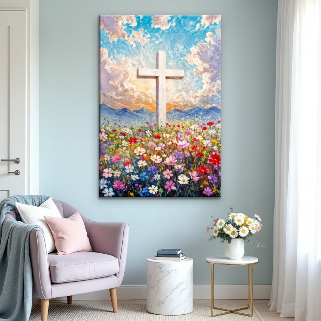 Cross Floral Field Faith Wall Art II canvas by Tailored Canvases white cross among flowers on Tampa Home & Garden Store