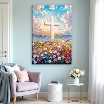 Cross Floral Field Faith Wall Art II canvas by Tailored Canvases white cross among flowers on Tampa Home & Garden Store
