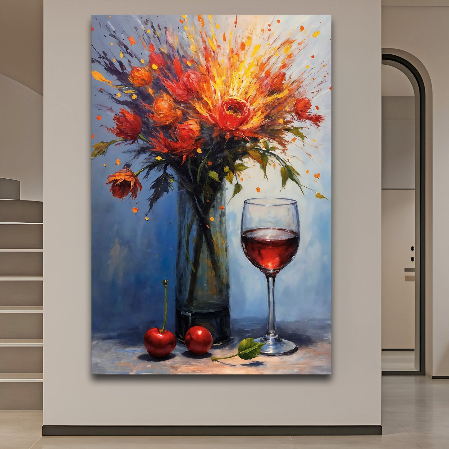 Dynamic Still Life Abstract Wall Art canvas with red blossoms in a glass vase on Tampa Home & Garden Store