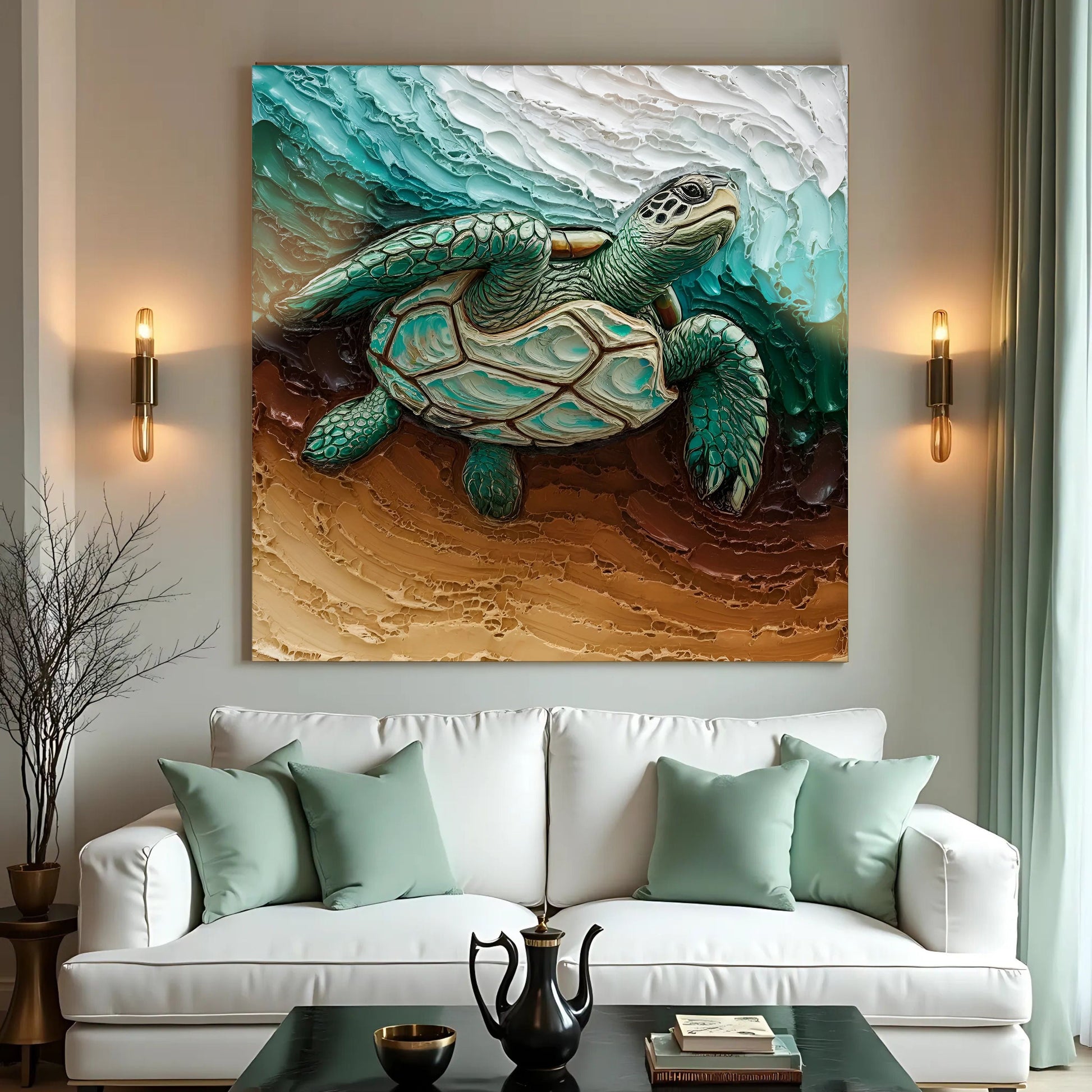 3D Turtle Wall Art canvas teal-green sea turtle on textured ocean waves crafting canvas on Tampa Home & Garden Store