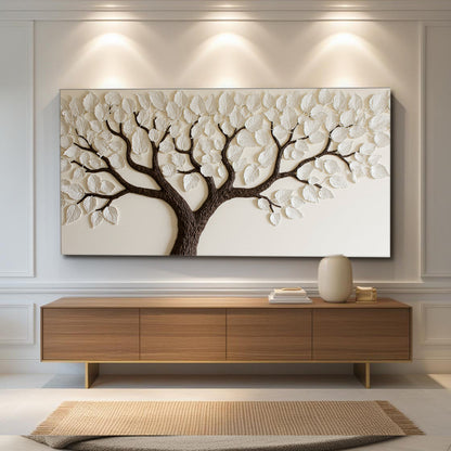 Ivory Canopy Tree Wall Art crafting canvas; brown trunk with white leaves on beige backdrop on Tampa Home & Garden Store