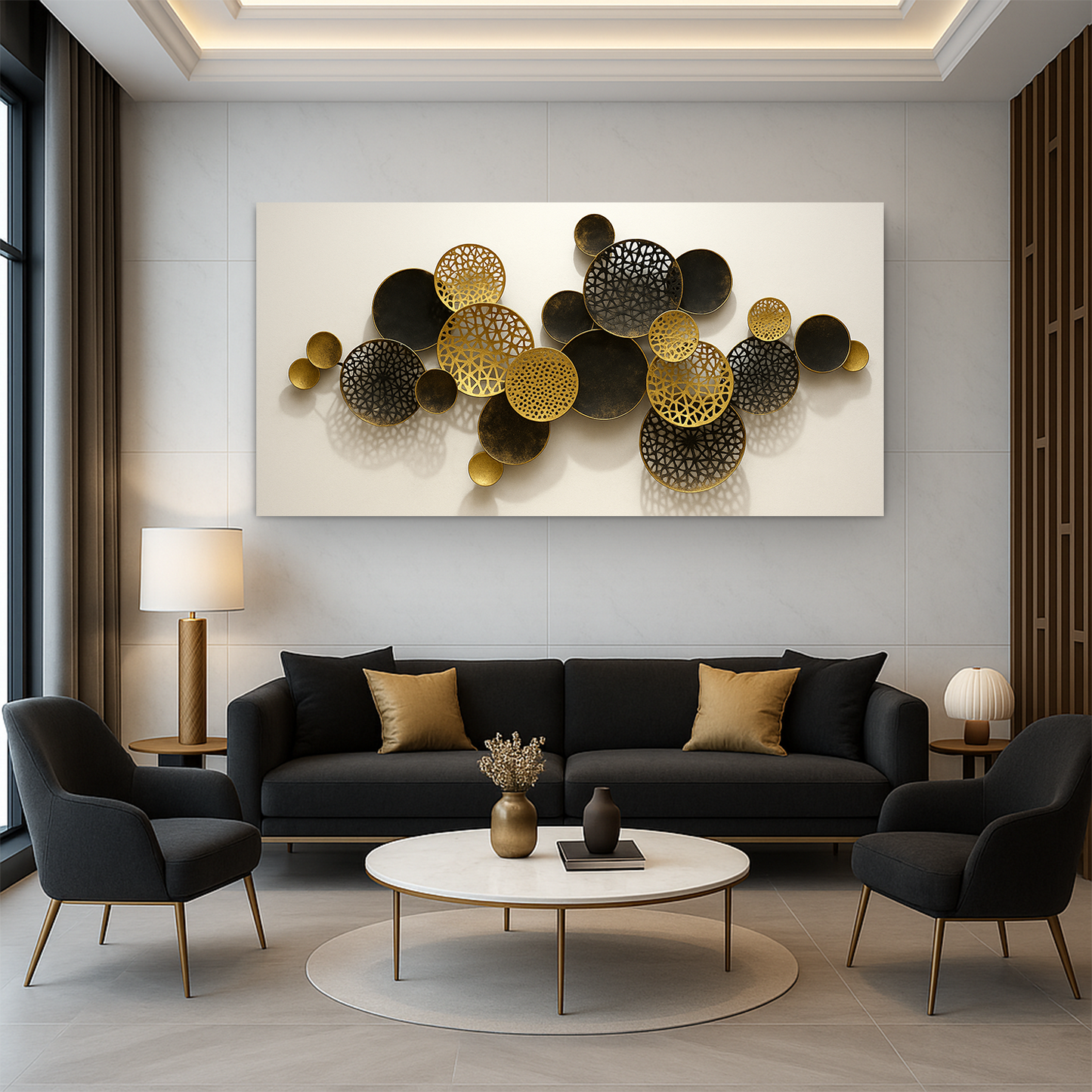 Lotus Leaf Abstract Wall Art V canvas by Tailored Canvases; black and gold lattice discs on Tampa Home & Garden Store