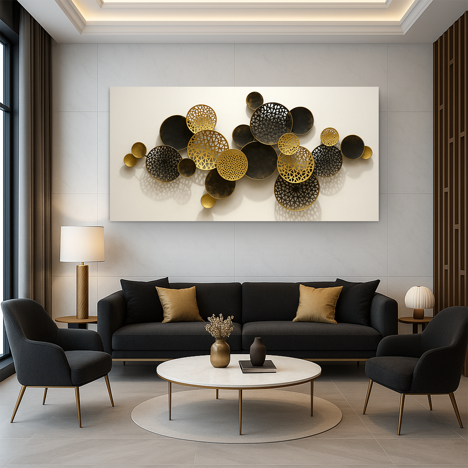 Lotus Leaf Abstract Wall Art V canvas by Tailored Canvases; black and gold lattice discs on Tampa Home & Garden Store