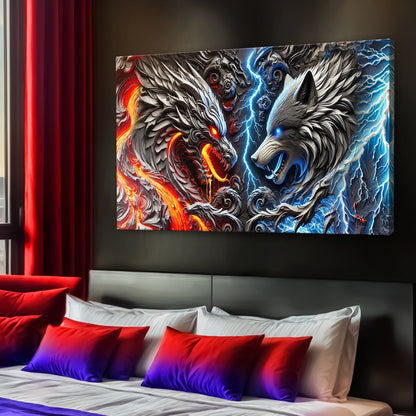 3D Dragon and Wolf Wall Art IV canvas Tailored Canvases fiery dragon vs blue wolf on dark on Tampa Home & Garden Store