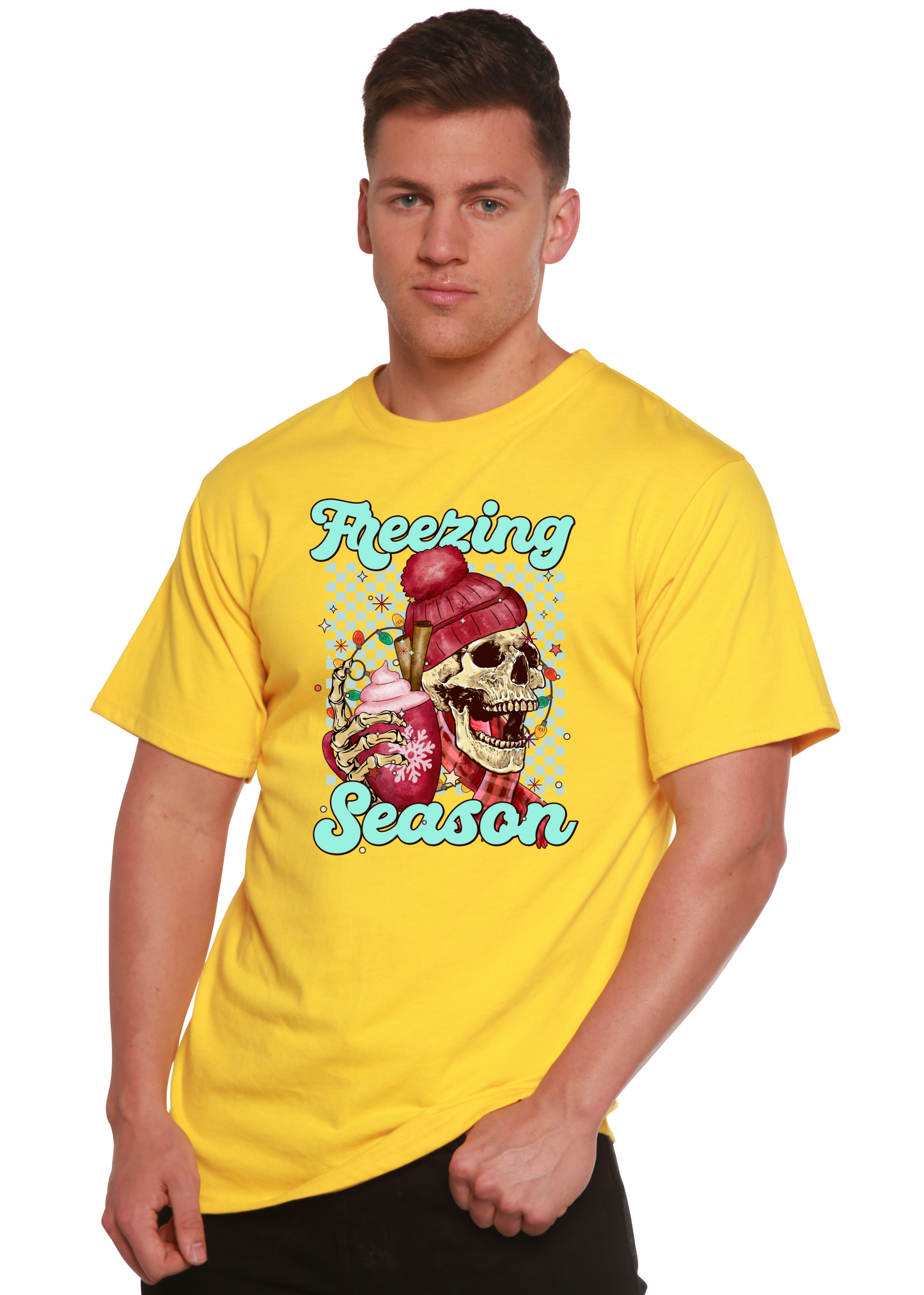 Freezing Season graphic tee yellow Spun Bamboo short sleeve with skull ice-cream print on Tampa Home & Garden Store