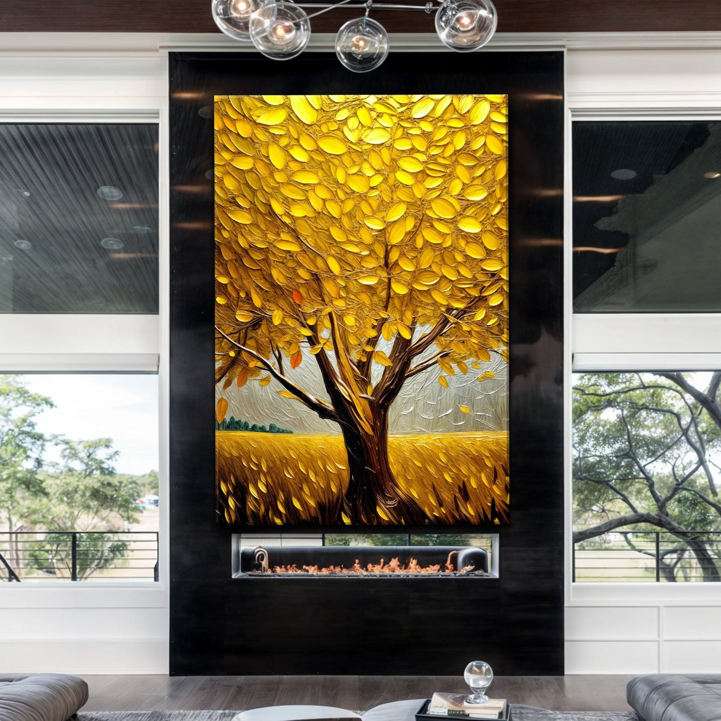 Golden Tree Breeze Wall Art canvas with a yellow-leaf tree on a textured gold background on Tampa Home & Garden Store