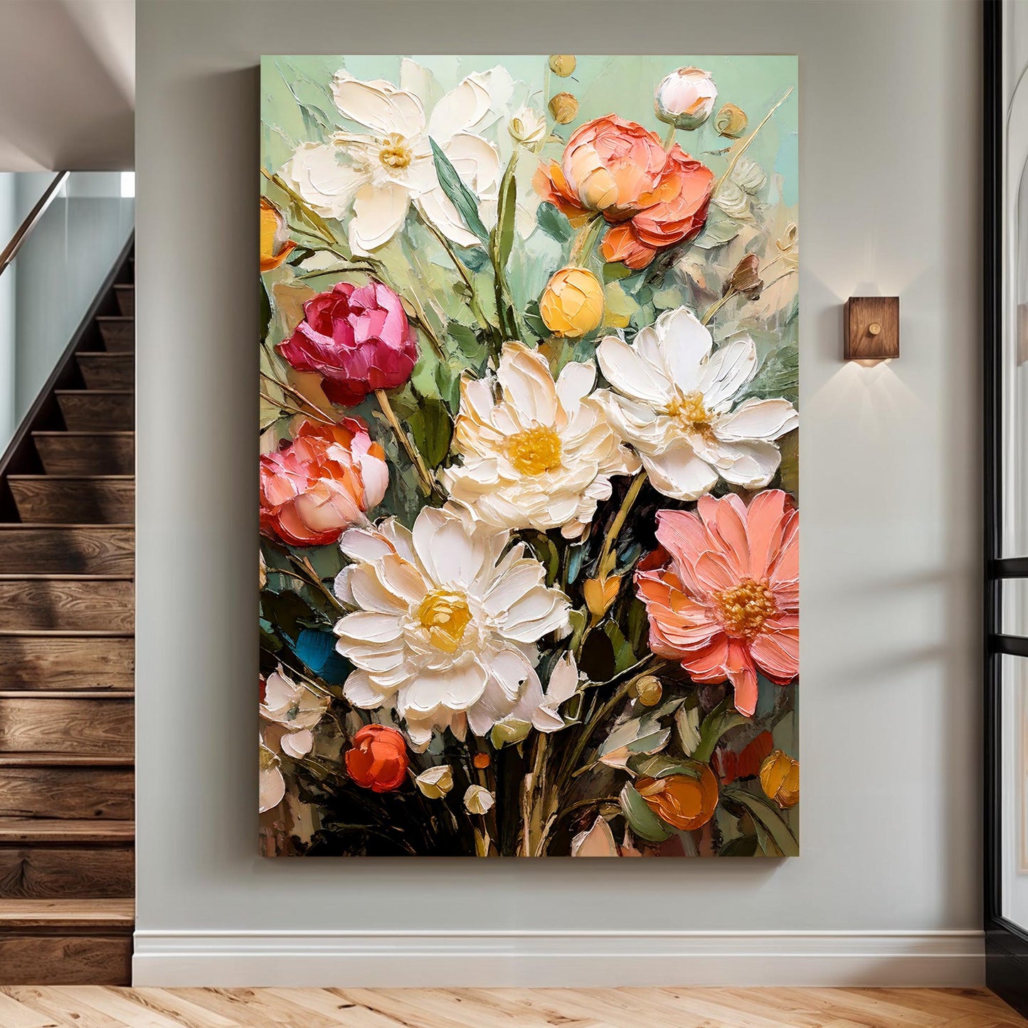 Serene Blossoms canvas Tailored Canvases vibrant impasto flowers white pink orange green on Tampa Home & Garden Store