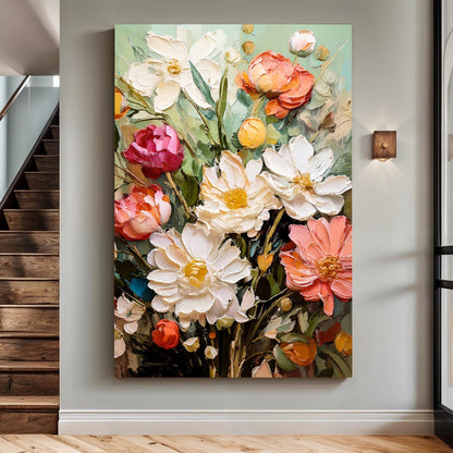 Serene Blossoms canvas Tailored Canvases vibrant impasto flowers white pink orange green on Tampa Home & Garden Store