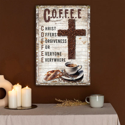 Canvas Christ And Coffee Faith Sign by Tailored Canvases rustic white wood coffee bean cross on Tampa Home & Garden Store