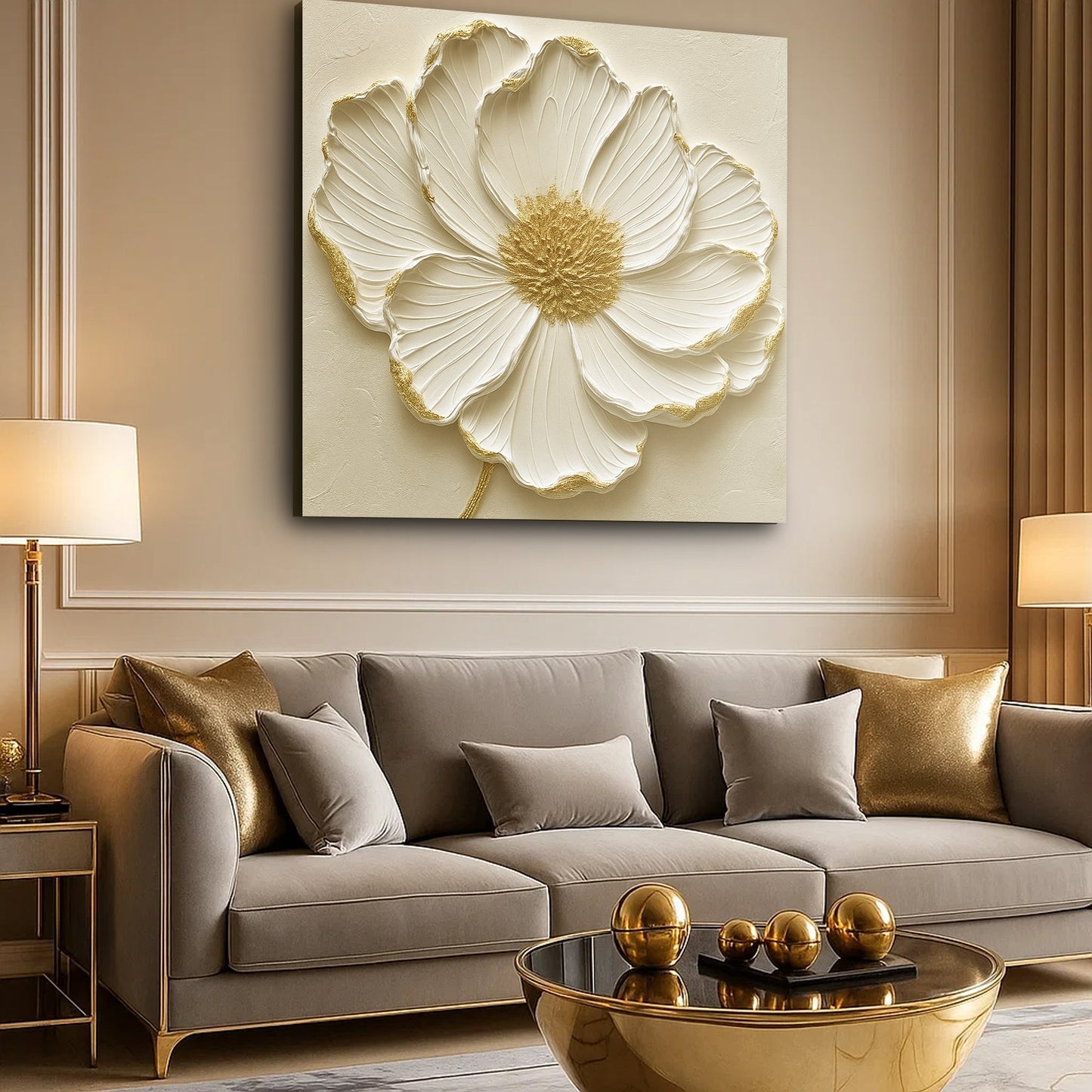 Canvas wall art Modern Abstract Flower by Tailored Canvases, cream petals with gold accents on Tampa Home & Garden Store