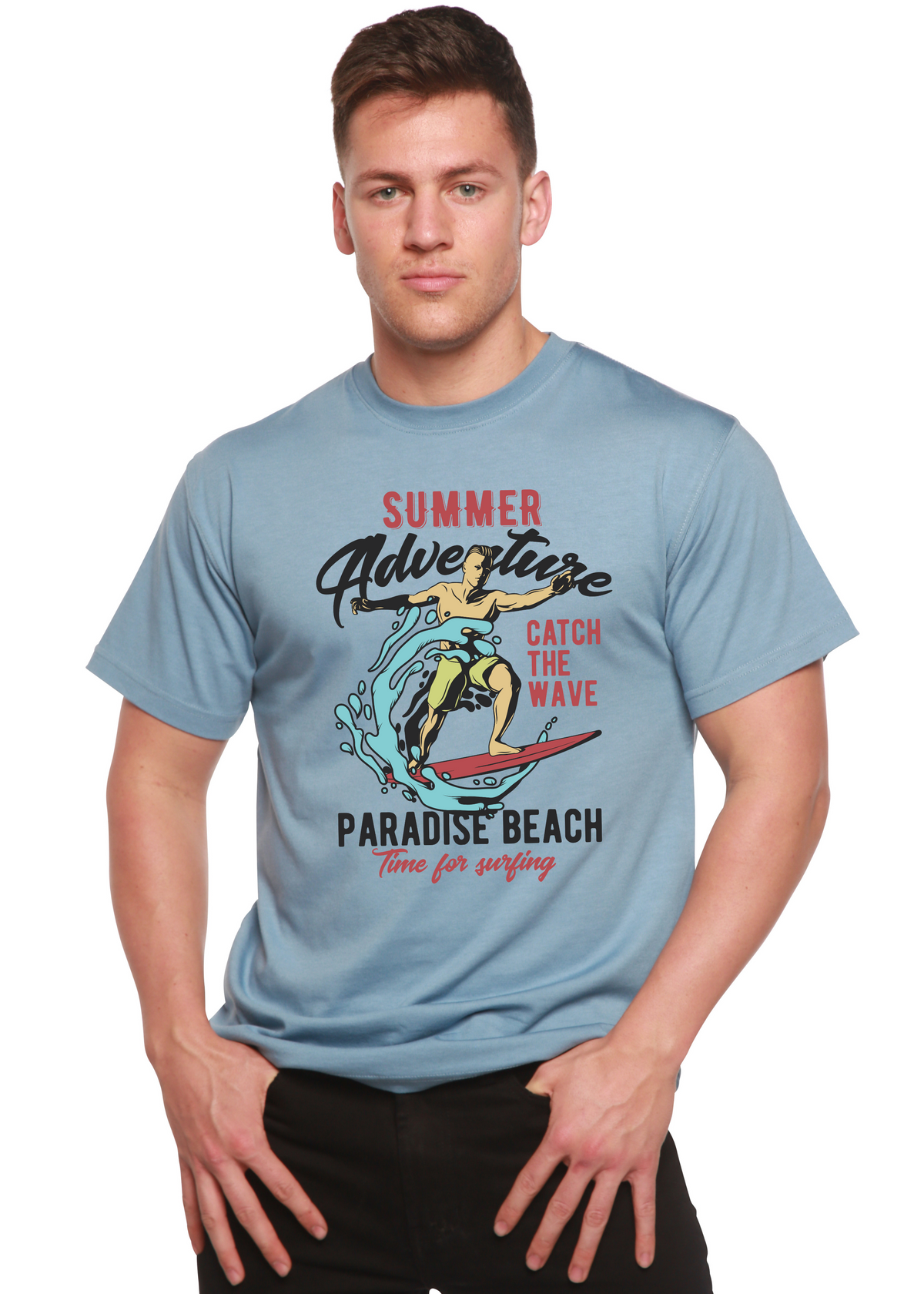 Mens Catch The Wave tee in light blue bamboo viscose/organic cotton blend with surfer art on Tampa Home & Garden Store