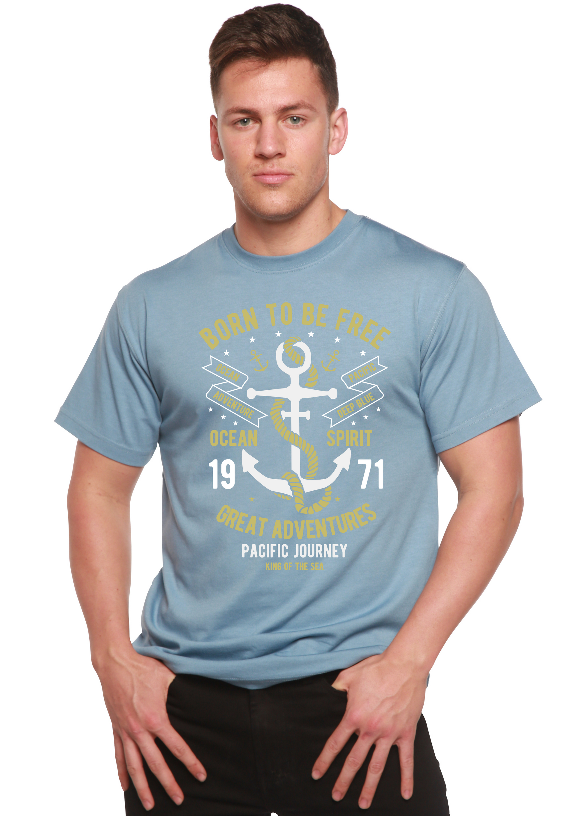 Born To Be Free bamboo viscose tee with anchor graphic on light blue on Tampa Home & Garden Store