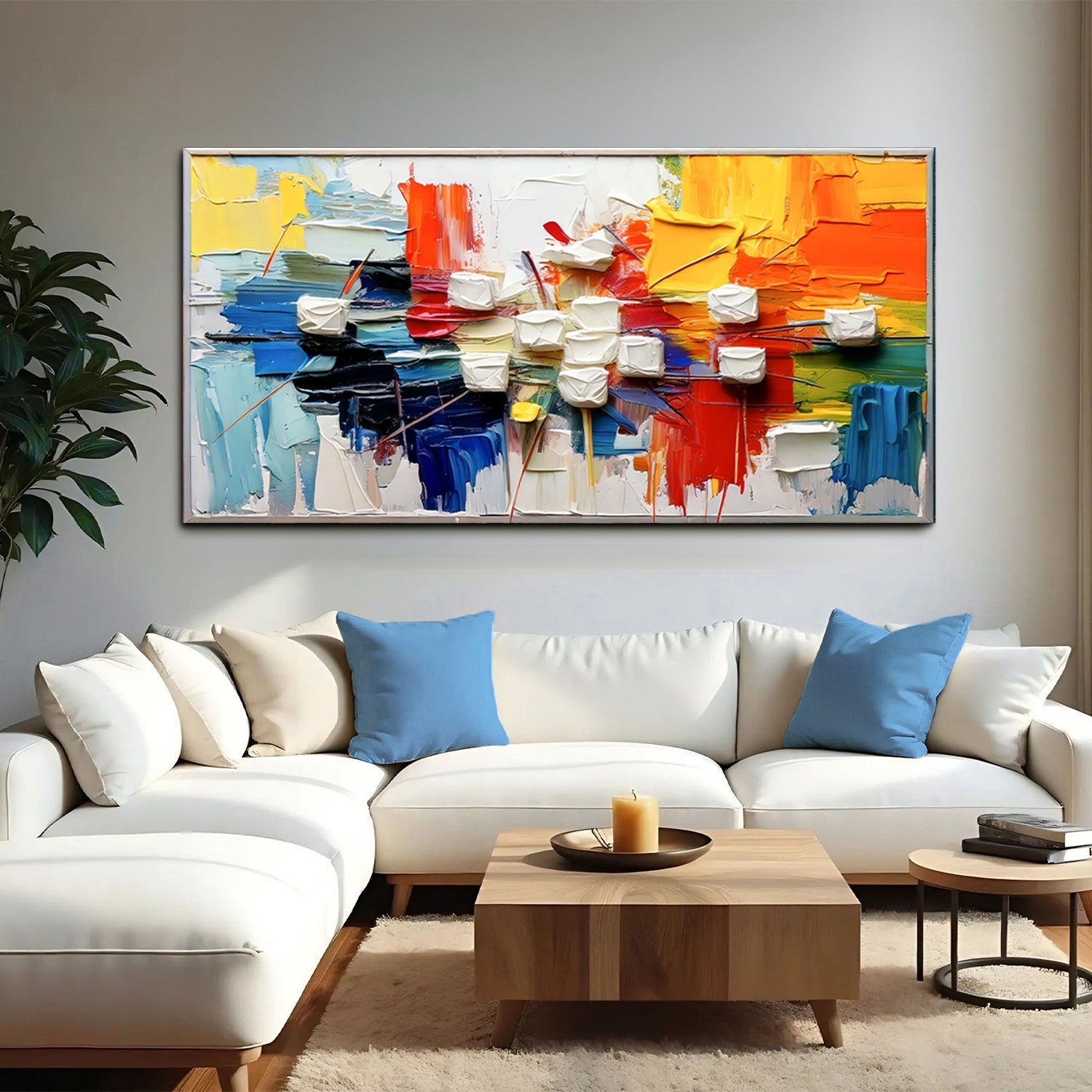 Urban Abstract Wall Art canvas Tailored Canvases bold strokes in yellow and blue over white sofa on Tampa Home & Garden Store