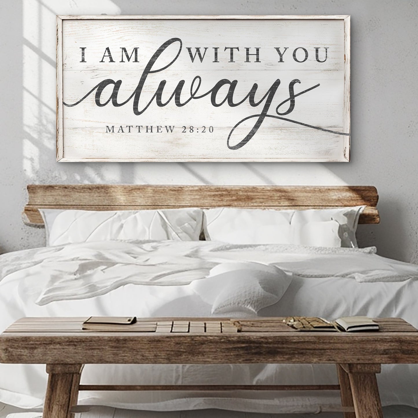 Tailored Canvases canvas sign with I am with you always, Matthew 28:20, distressed white on Tampa Home & Garden Store