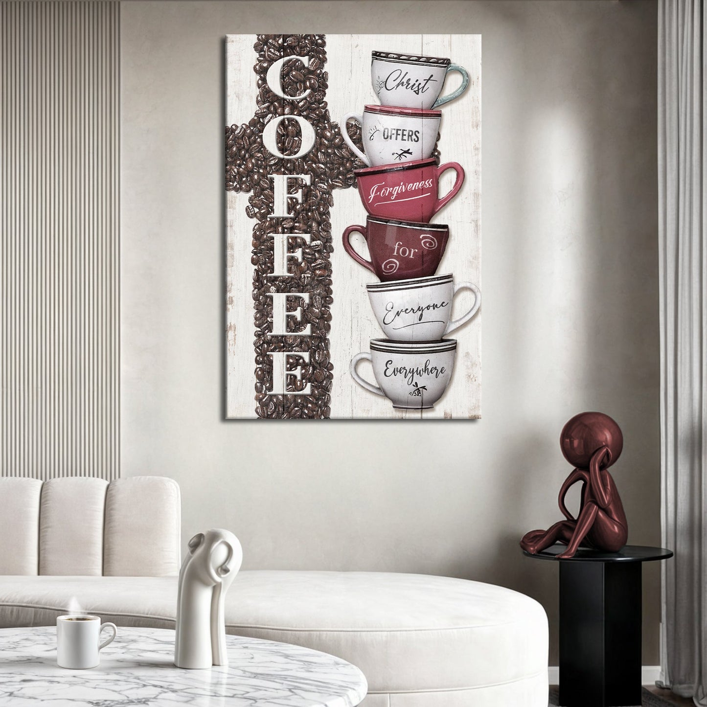 Our COFFEE Faith Sign IV canvas by Tailored Canvases; mugs and coffee beans backdrop on Tampa Home & Garden Store