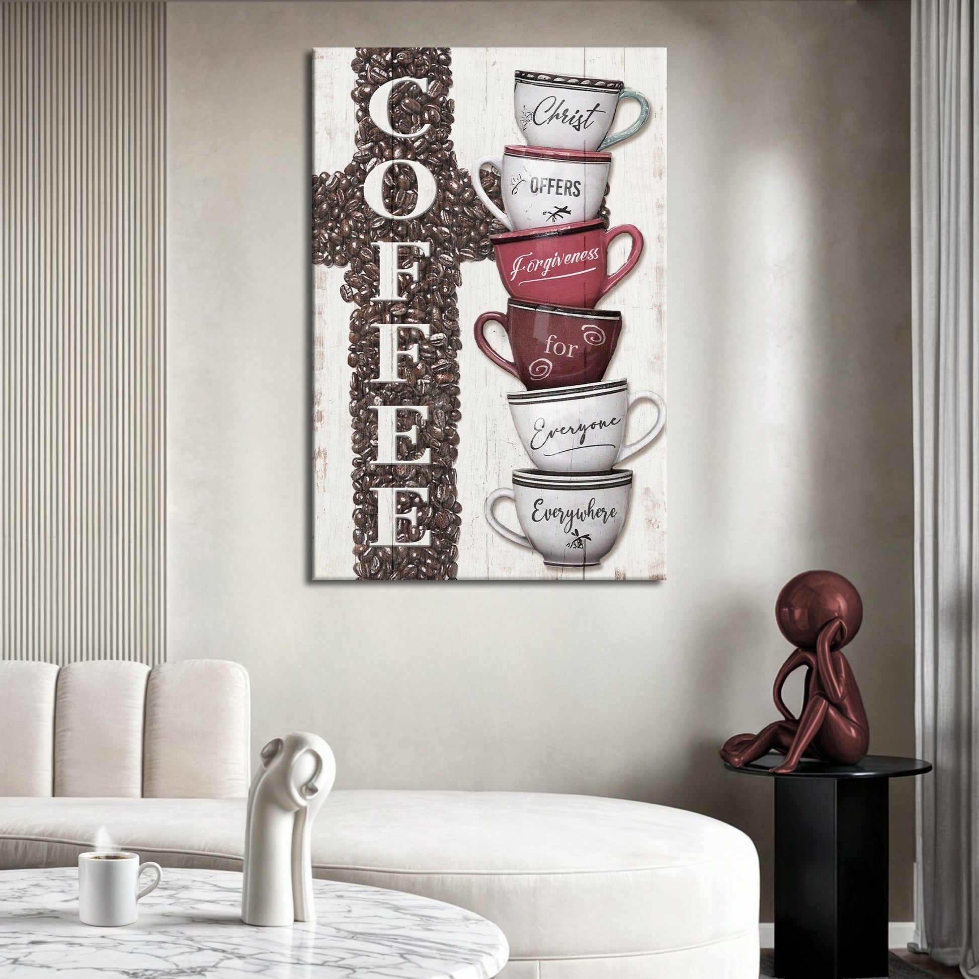 Our COFFEE Faith Sign IV canvas by Tailored Canvases; mugs and coffee beans backdrop on Tampa Home & Garden Store