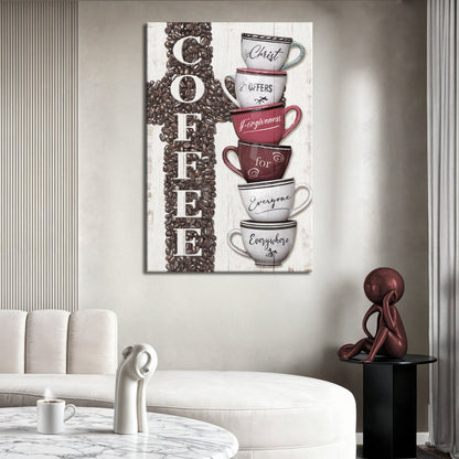 Our COFFEE Faith Sign IV canvas by Tailored Canvases; mugs and coffee beans backdrop on Tampa Home & Garden Store