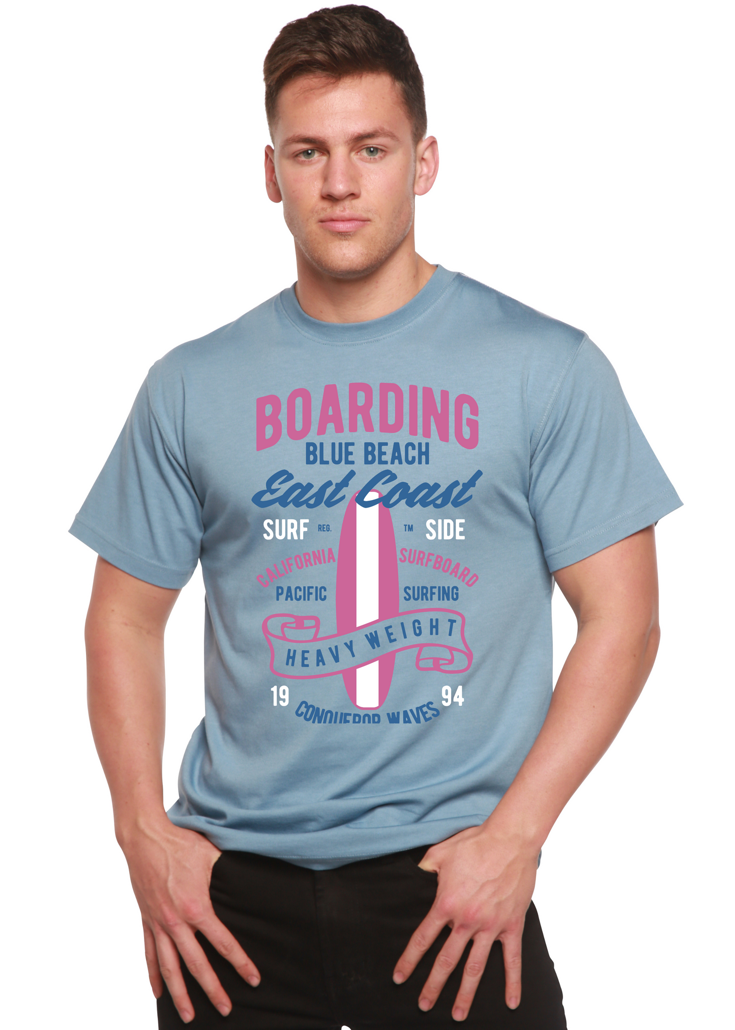 Boarding Blue Beach mens bamboo viscose/cotton graphic tee with surf print by Spun Bamboo on Tampa Home & Garden Store