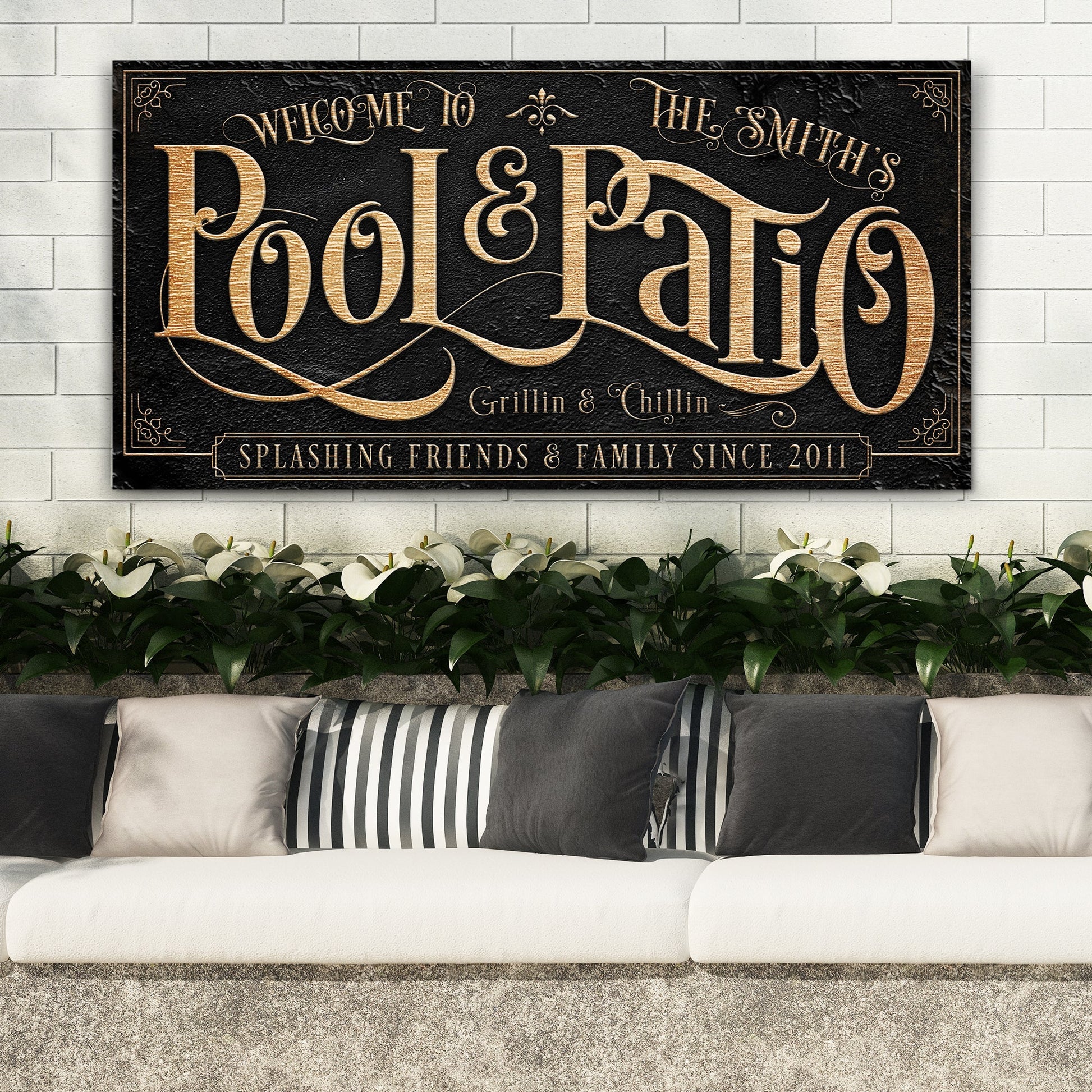Personalized Pool & Patio Sign II canvas with bronze-gold lettering on black background on Tampa Home & Garden Store