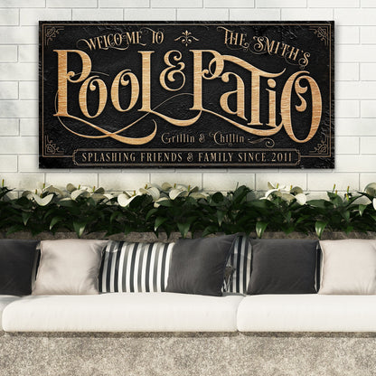 Personalized Pool & Patio Sign II canvas with bronze-gold lettering on black background on Tampa Home & Garden Store