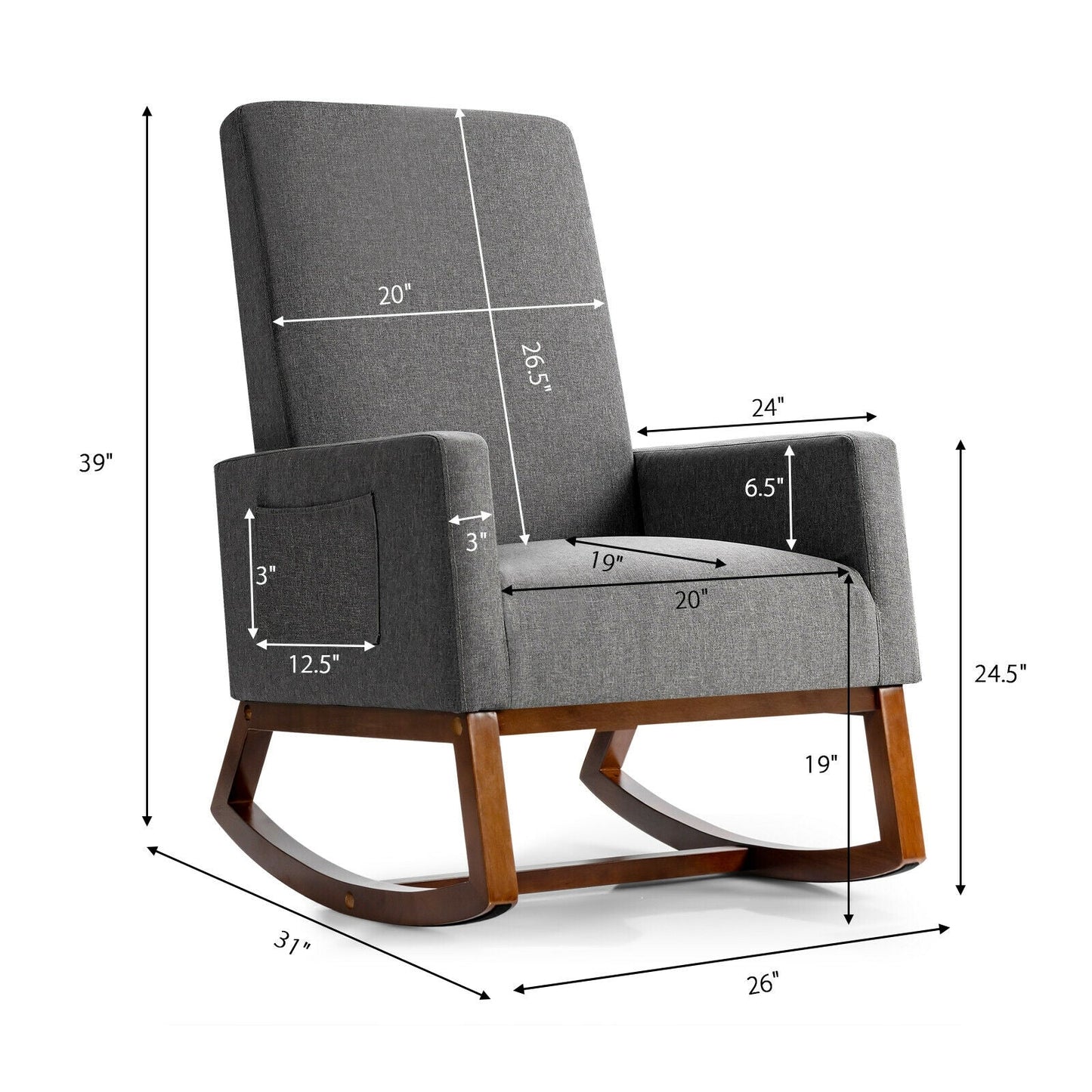 Mecedora reclinable de respaldo alto tapizada con bolsillo lateral - Gris