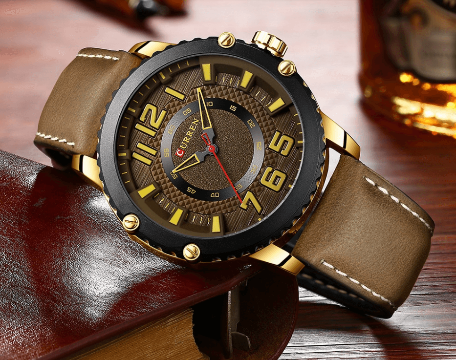 Stevvex ST1CU4000MKZ waterproof watch with brown leather strap and yellow numerals on dial on Tampa Home & Garden Store