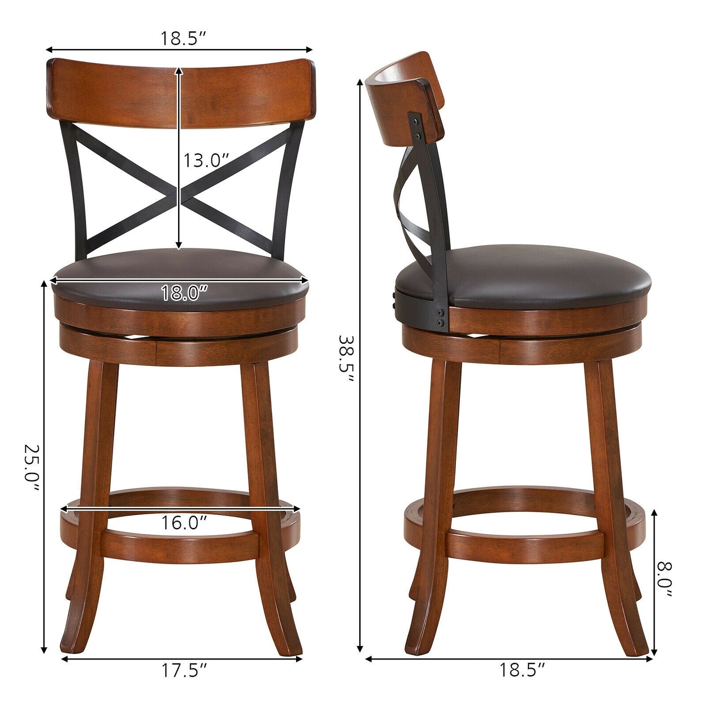 Juego de 2 Taburetes de Bar Sillas de Bar de Comedor Giratorias 360 Grados con Patas de Madera de Caucho-25 pulgadas