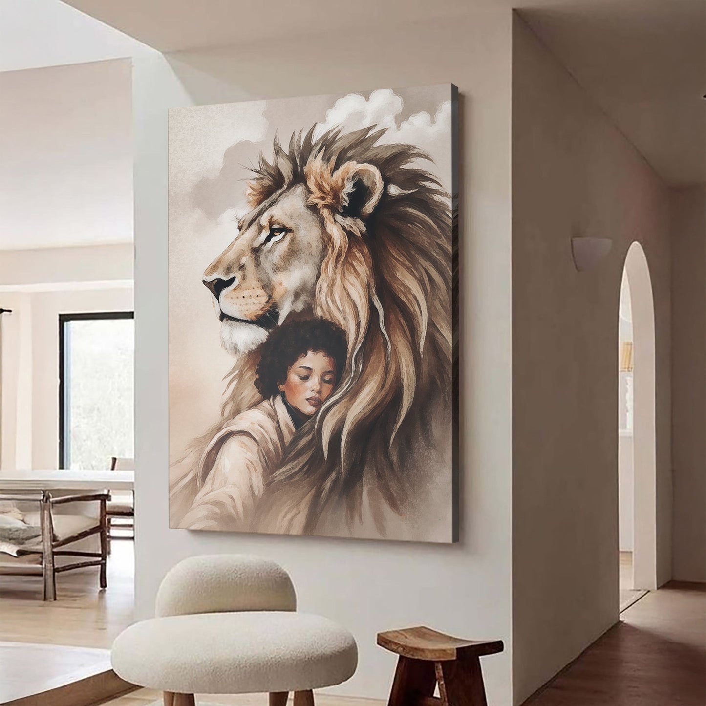 Lion And Girl Faith Wall Art canvas by Tailored Canvases in warm beige tones on Tampa Home & Garden Store