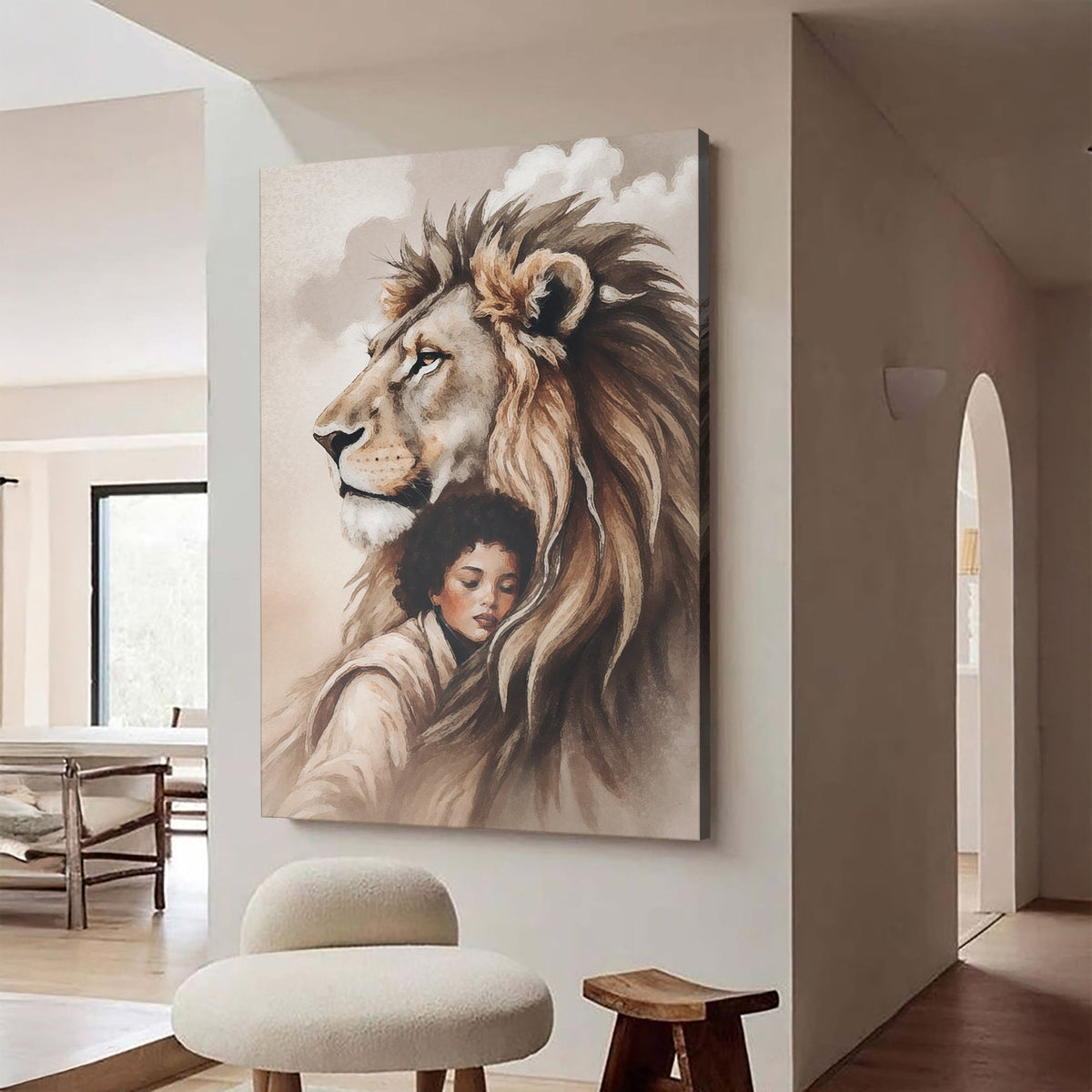 Lion And Girl Faith Wall Art canvas by Tailored Canvases in warm beige tones on Tampa Home & Garden Store