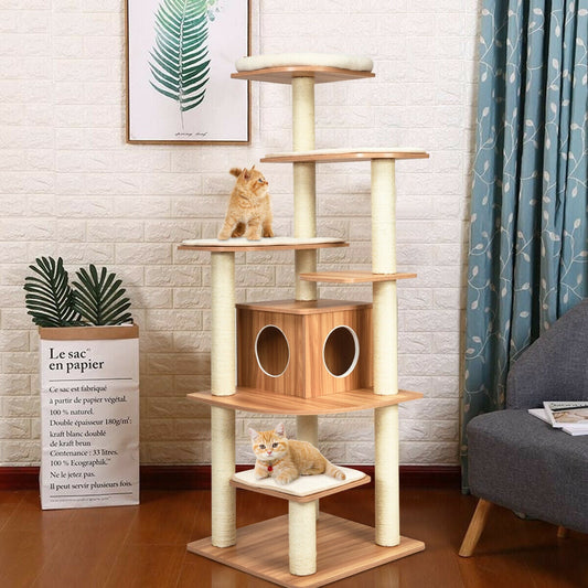 7-Layer Wooden Cat Tree Tall Cat Tower with Sisal Posts and Condo - Tampa Home & Garden Store