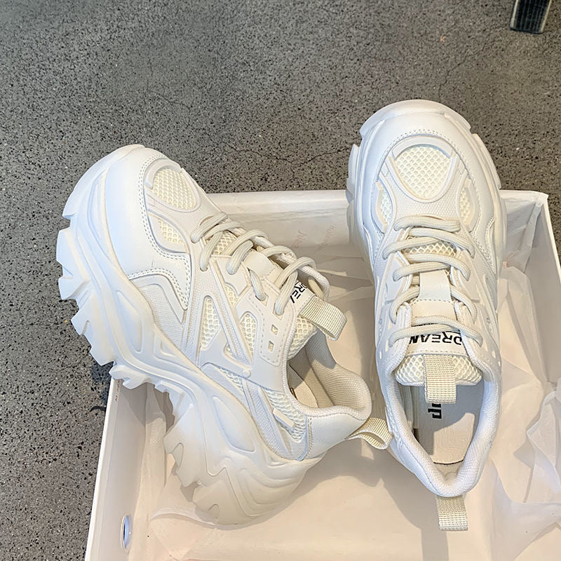 White chunky platform sneakers with thick soles and mesh panels, Stevvex ST85SH5001MDG pair on Tampa Home & Garden Store