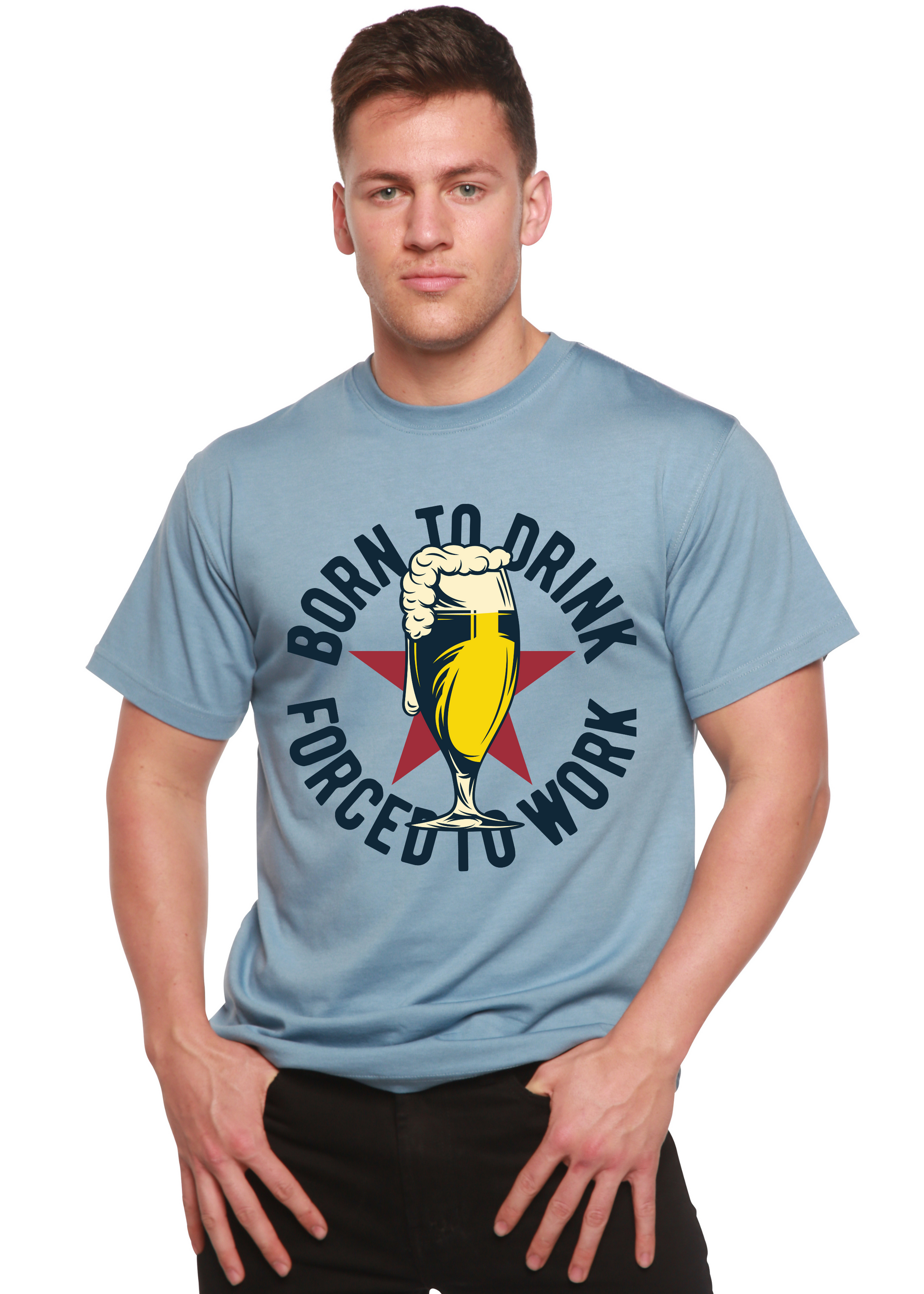Born to Drink men's graphic tee in blue bamboo viscose/organic cotton beer glass motif Spun Bamboo on Tampa Home & Garden Store