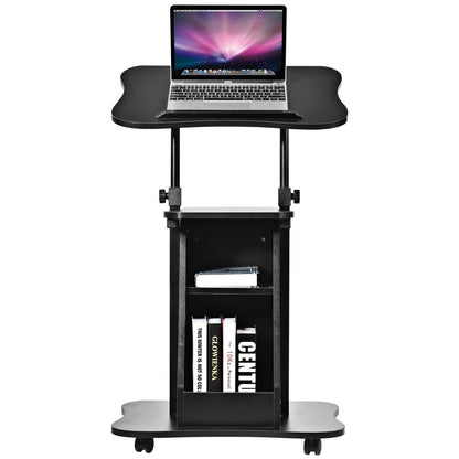 Carro de escritorio para computadora portátil de altura ajustable con almacenamiento, de asiento a pie - Negro