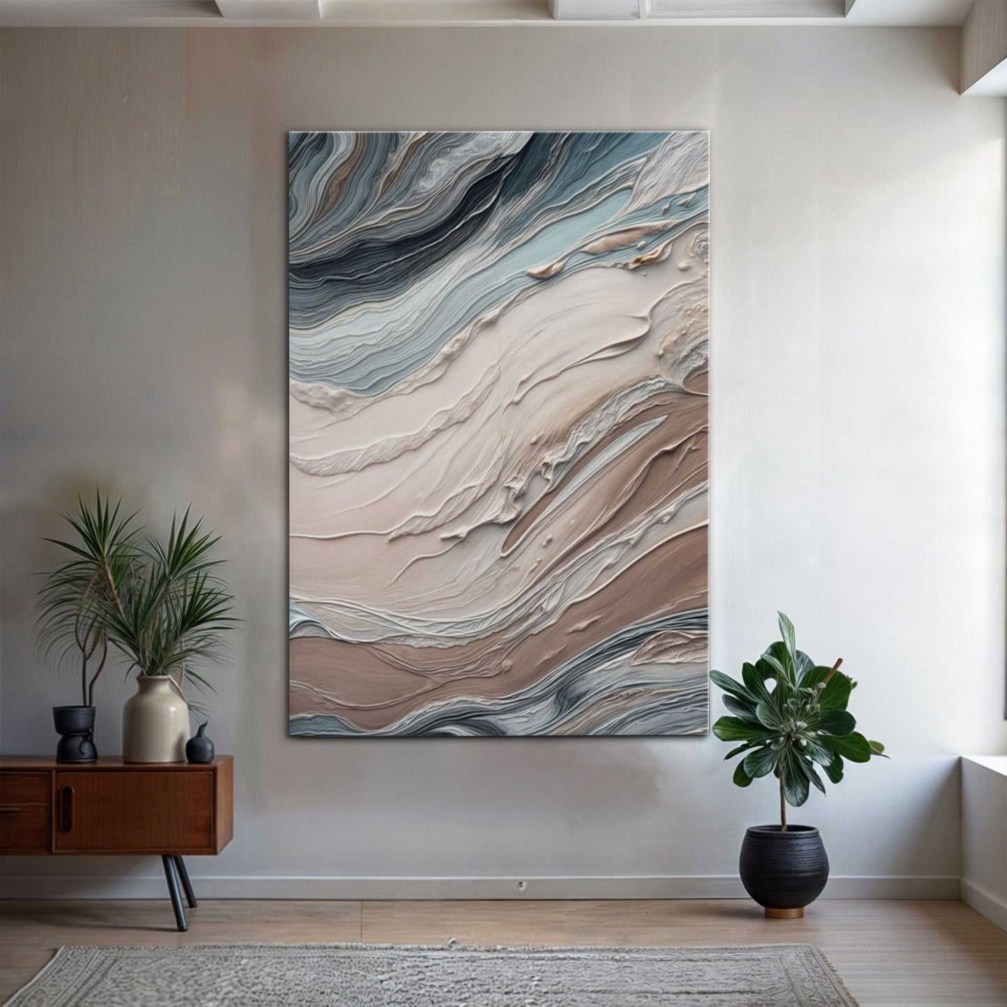 Earth Tone Swirls Canvas by Tailored Canvases, abstract blue tan cream swirls on Tampa Home & Garden Store