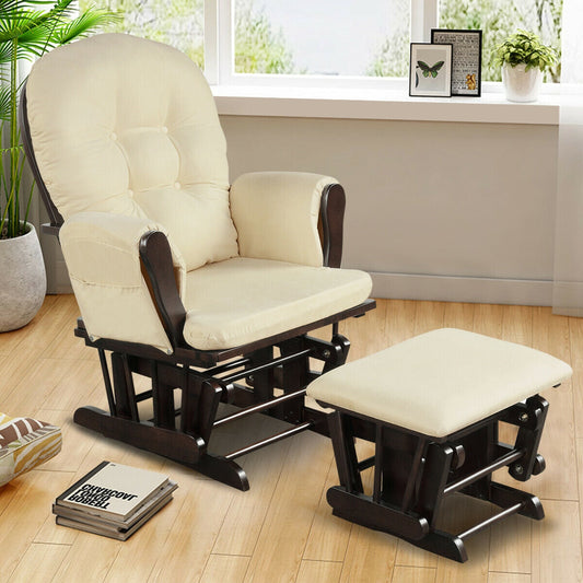 Wood Glider and Ottoman Set with Padded Armrests and Detachable Cushion-Beige - Tampa Home & Garden Store